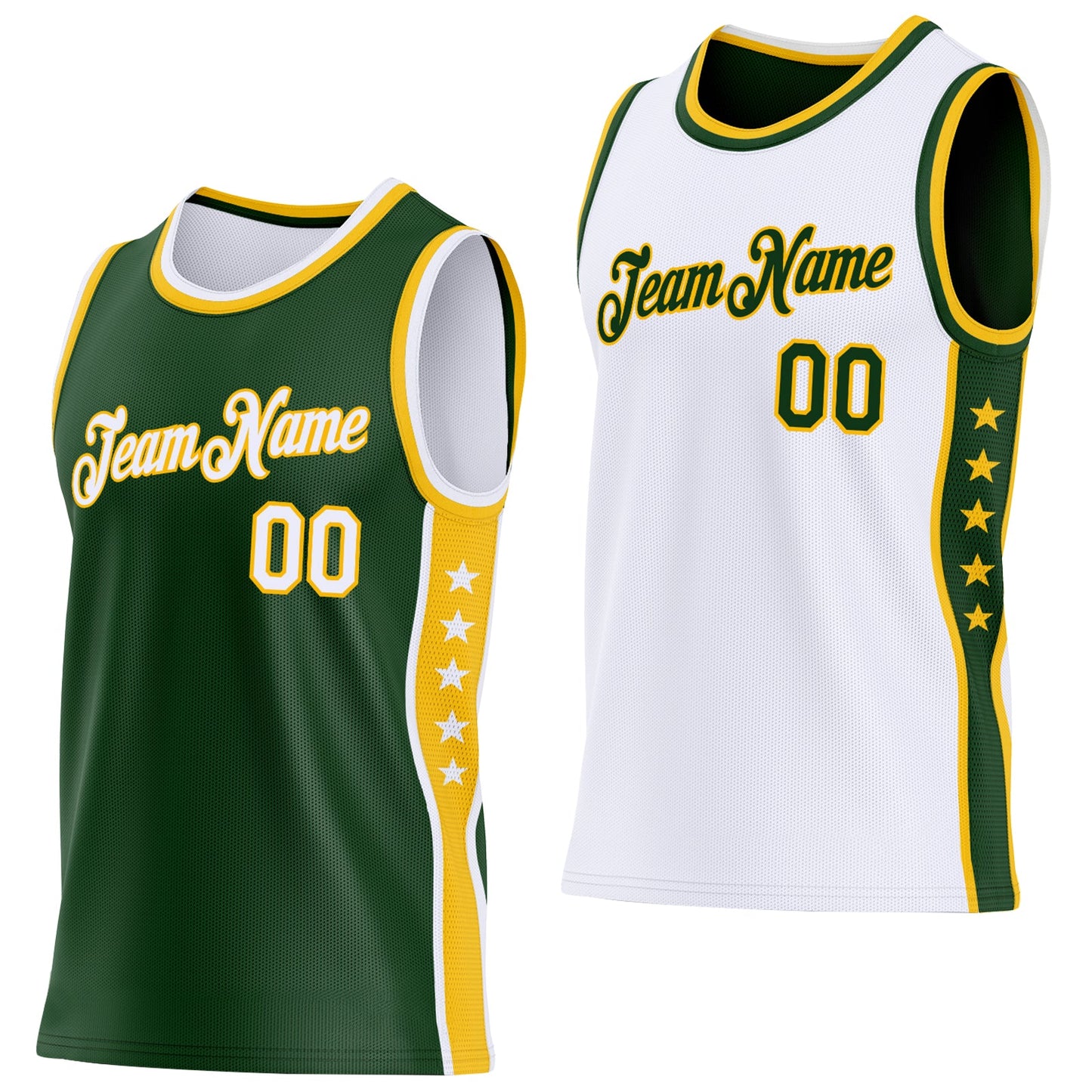 Custom Reversible Green White-Gold Double Side Star Sublimation Basketball Set Jersey