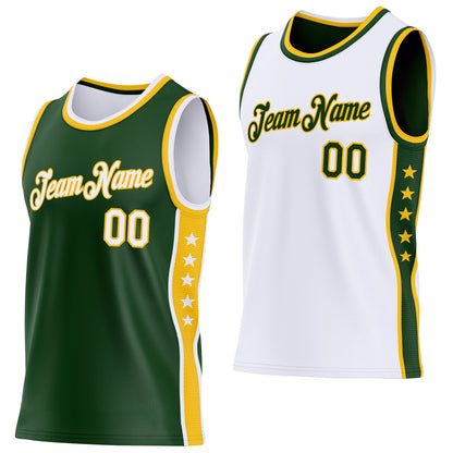 Custom Reversible Green White-Gold Double Side Star Sublimation Basketball Set Jersey