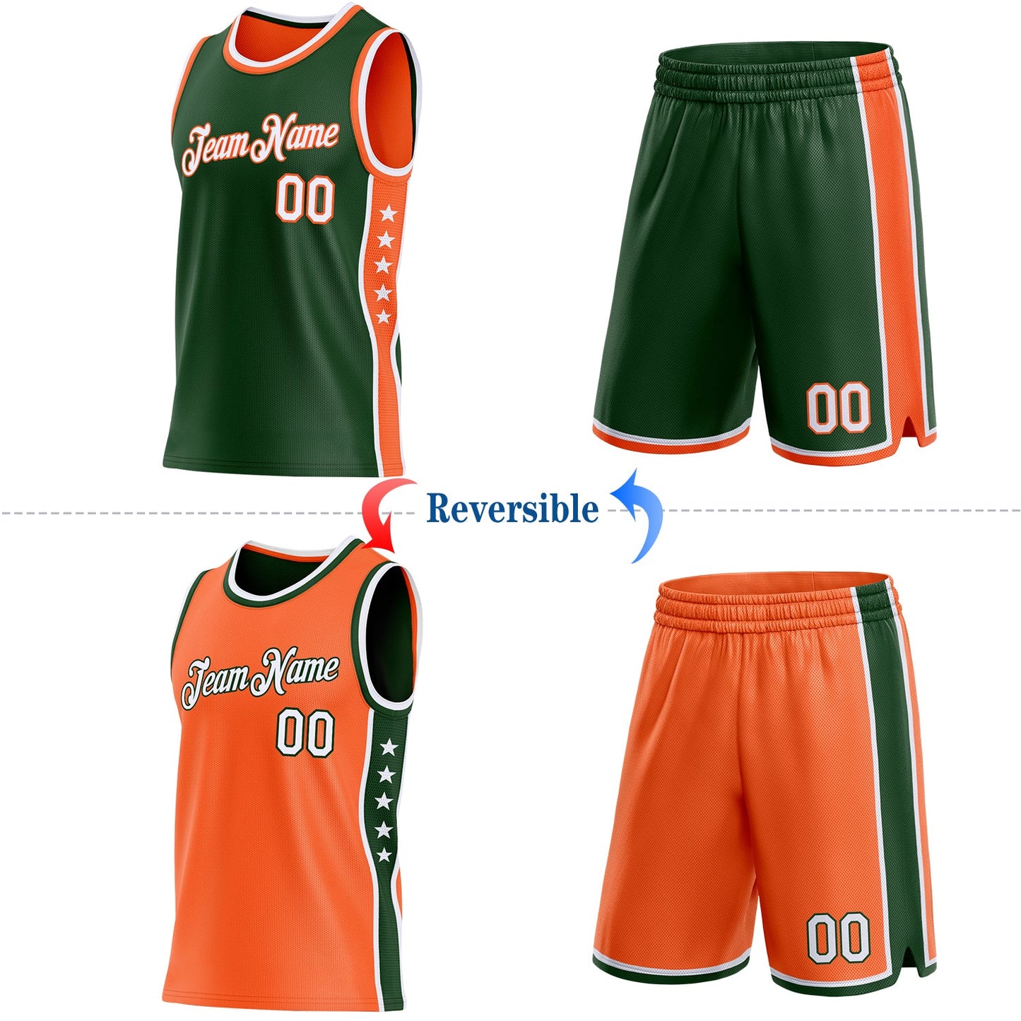 Custom Reversible Green White-Orange Double Side Star Sublimation Basketball Set Jersey
