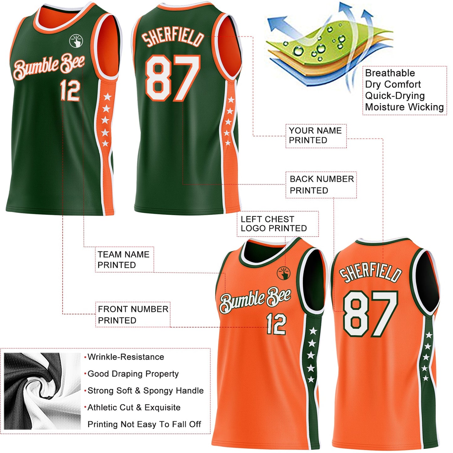 Custom Reversible Green White-Orange Double Side Star Sublimation Basketball Set Jersey