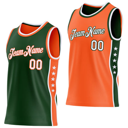 Custom Reversible Green White-Orange Double Side Star Sublimation Basketball Set Jersey