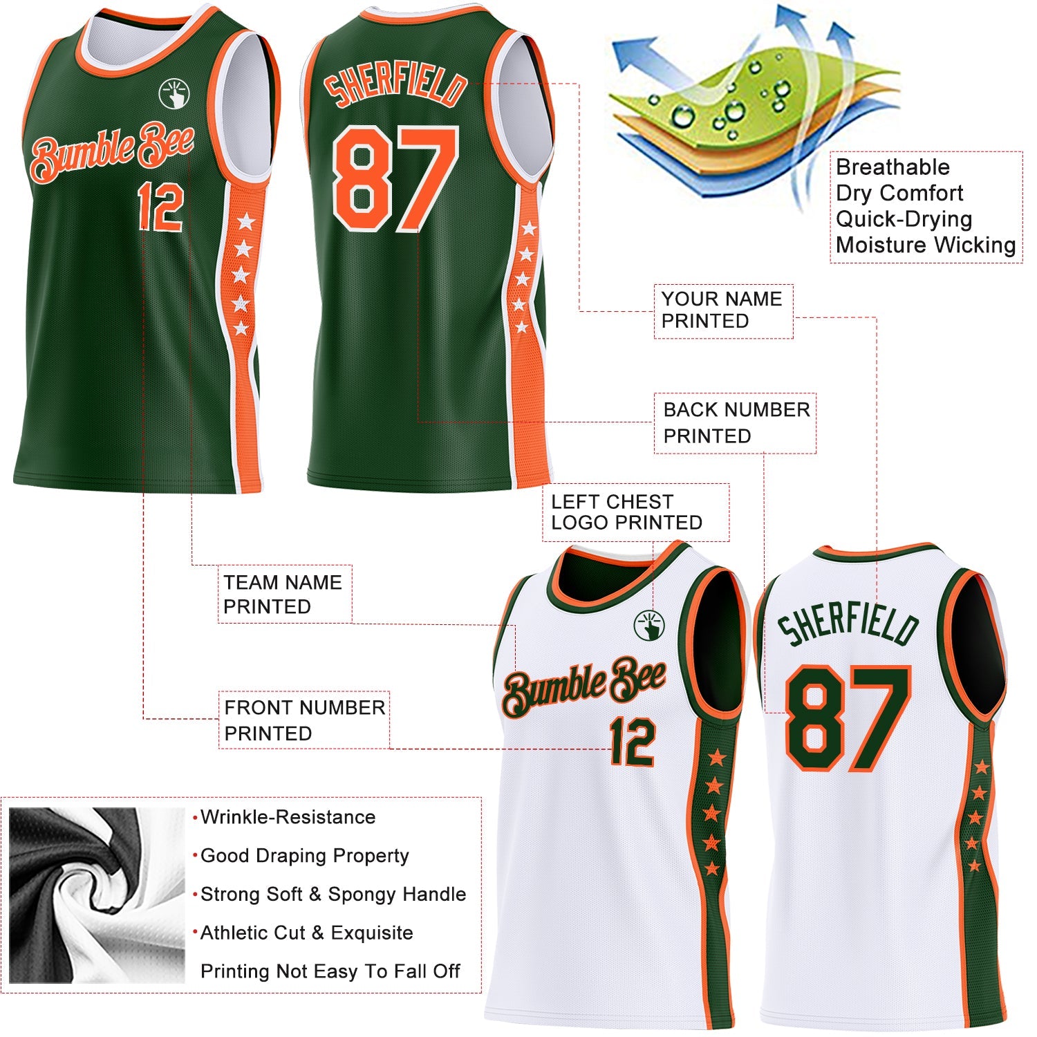 Custom Reversible Green Orange-White Double Side Star Sublimation Basketball Set Jersey
