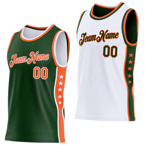 Custom Reversible Green Orange-White Double Side Star Sublimation Basketball Set Jersey