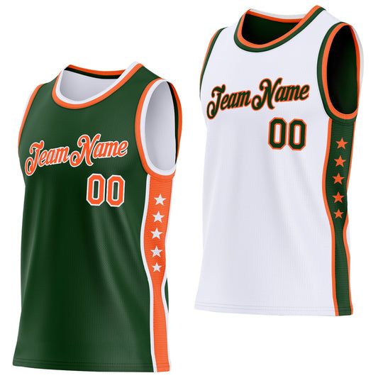 Custom Reversible Green Orange-White Double Side Star Sublimation Basketball Set Jersey
