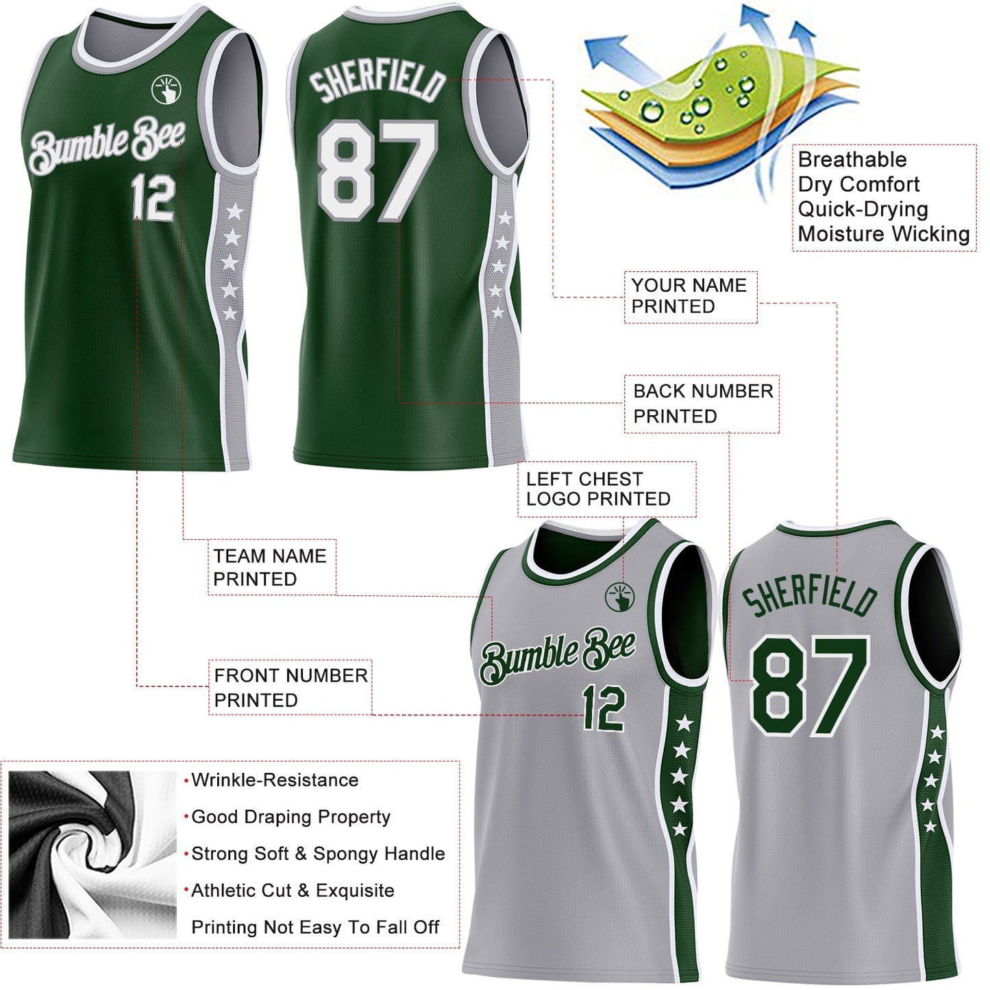 Custom Reversible Green White-Gray Double Side Star Sublimation Basketball Set Jersey