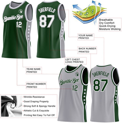 Custom Reversible Green White-Gray Double Side Star Sublimation Basketball Set Jersey