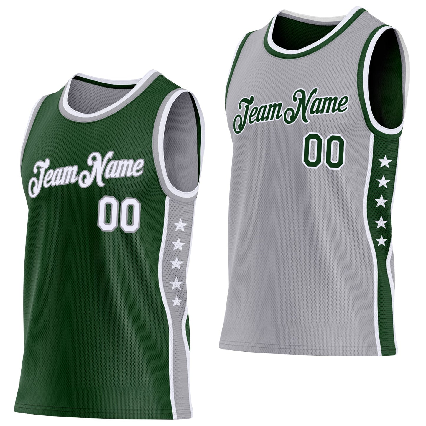 Custom Reversible Green White-Gray Double Side Star Sublimation Basketball Set Jersey