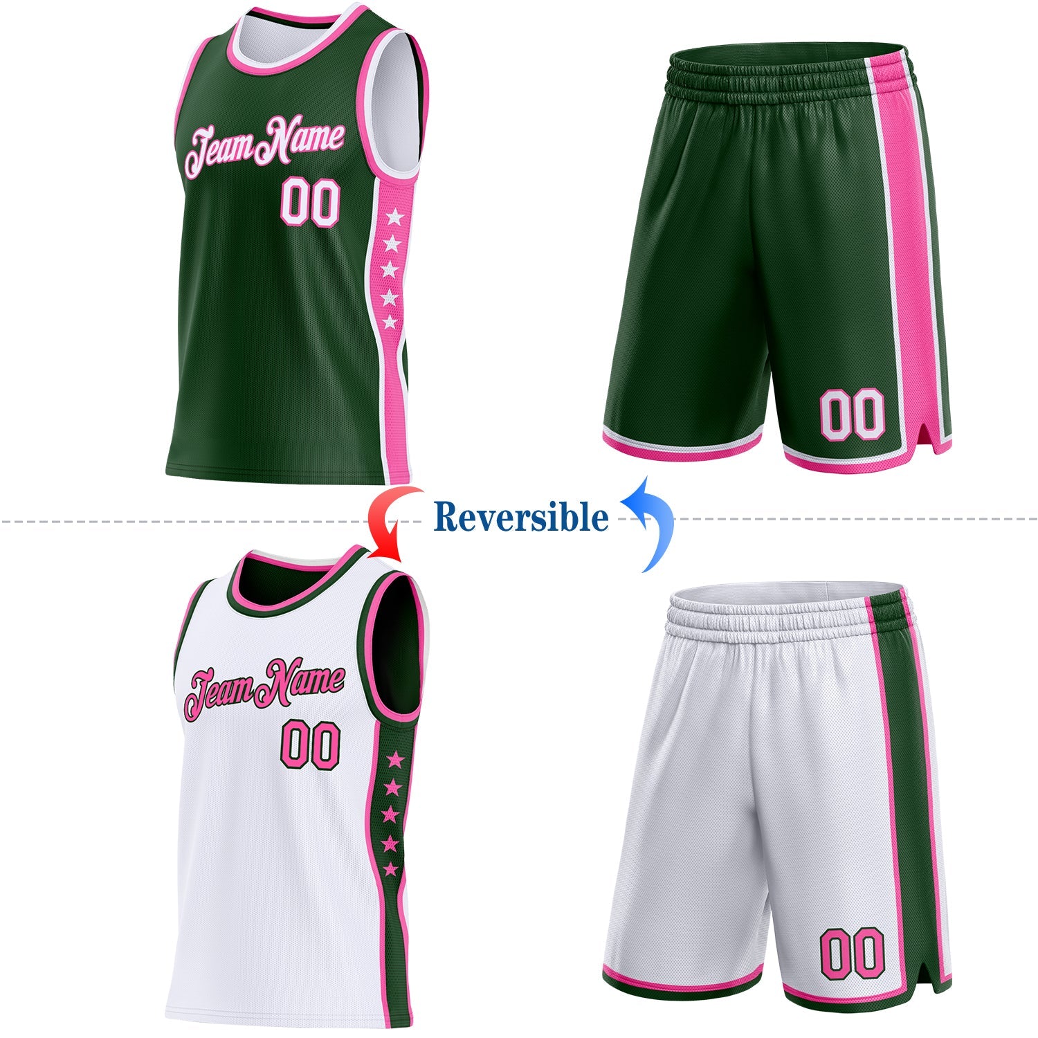 Custom Reversible Green White-Pink Double Side Star Sublimation Basketball Set Jersey