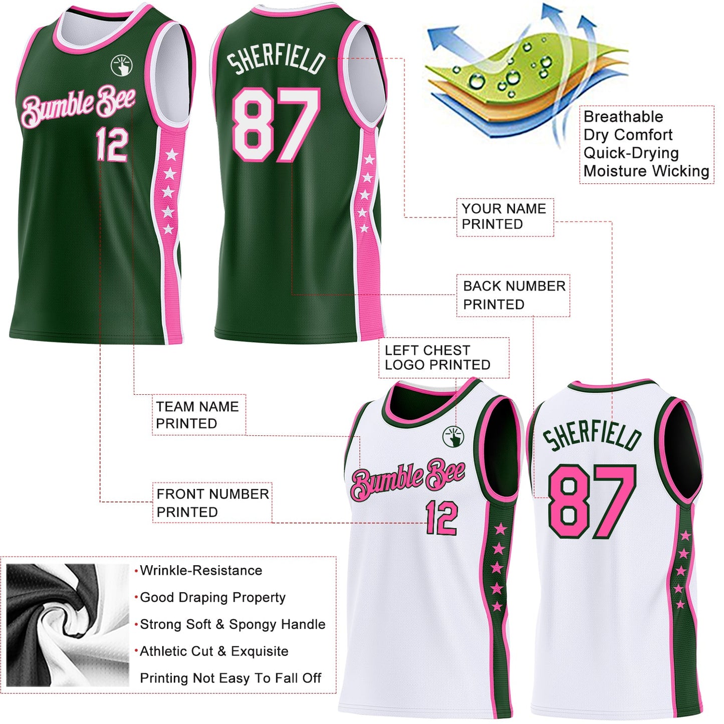 Custom Reversible Green White-Pink Double Side Star Sublimation Basketball Set Jersey