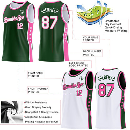 Custom Reversible Green White-Pink Double Side Star Sublimation Basketball Set Jersey