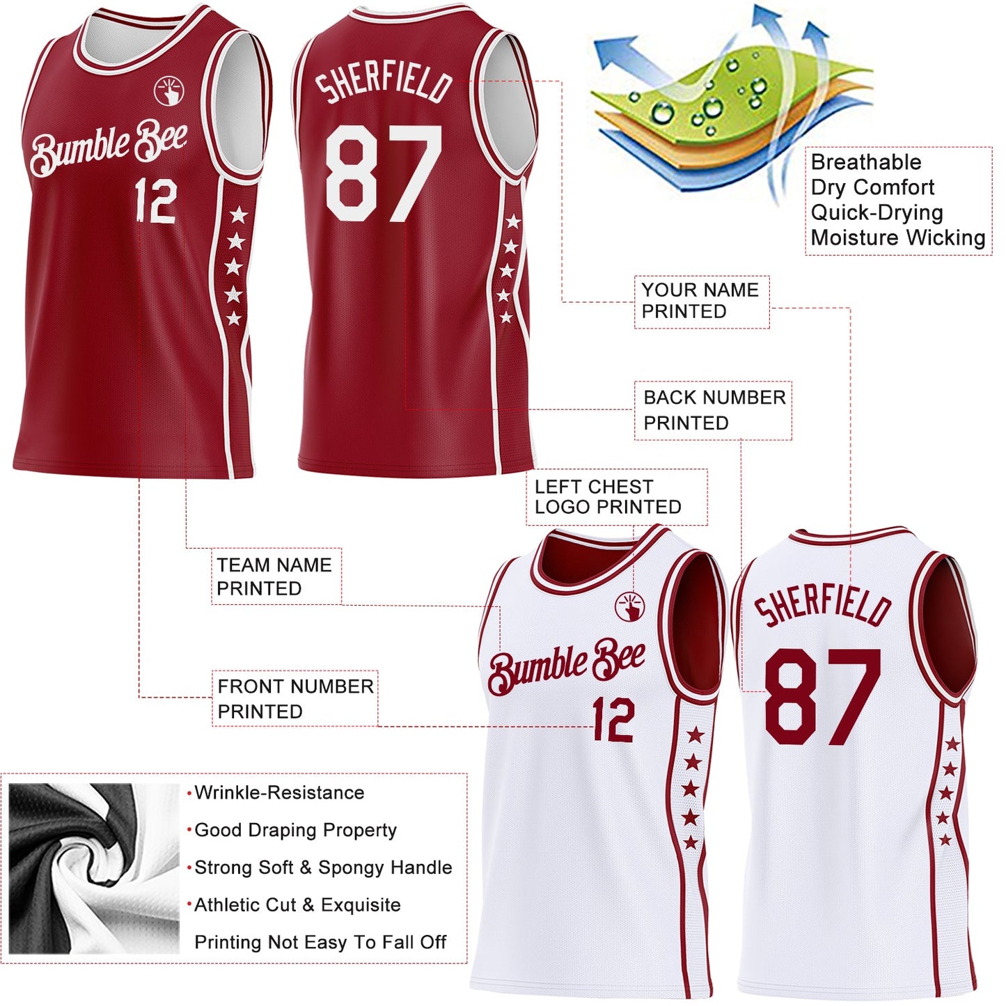 Custom Reversible Crimson White Double Side Star Sublimation Basketball Set Jersey