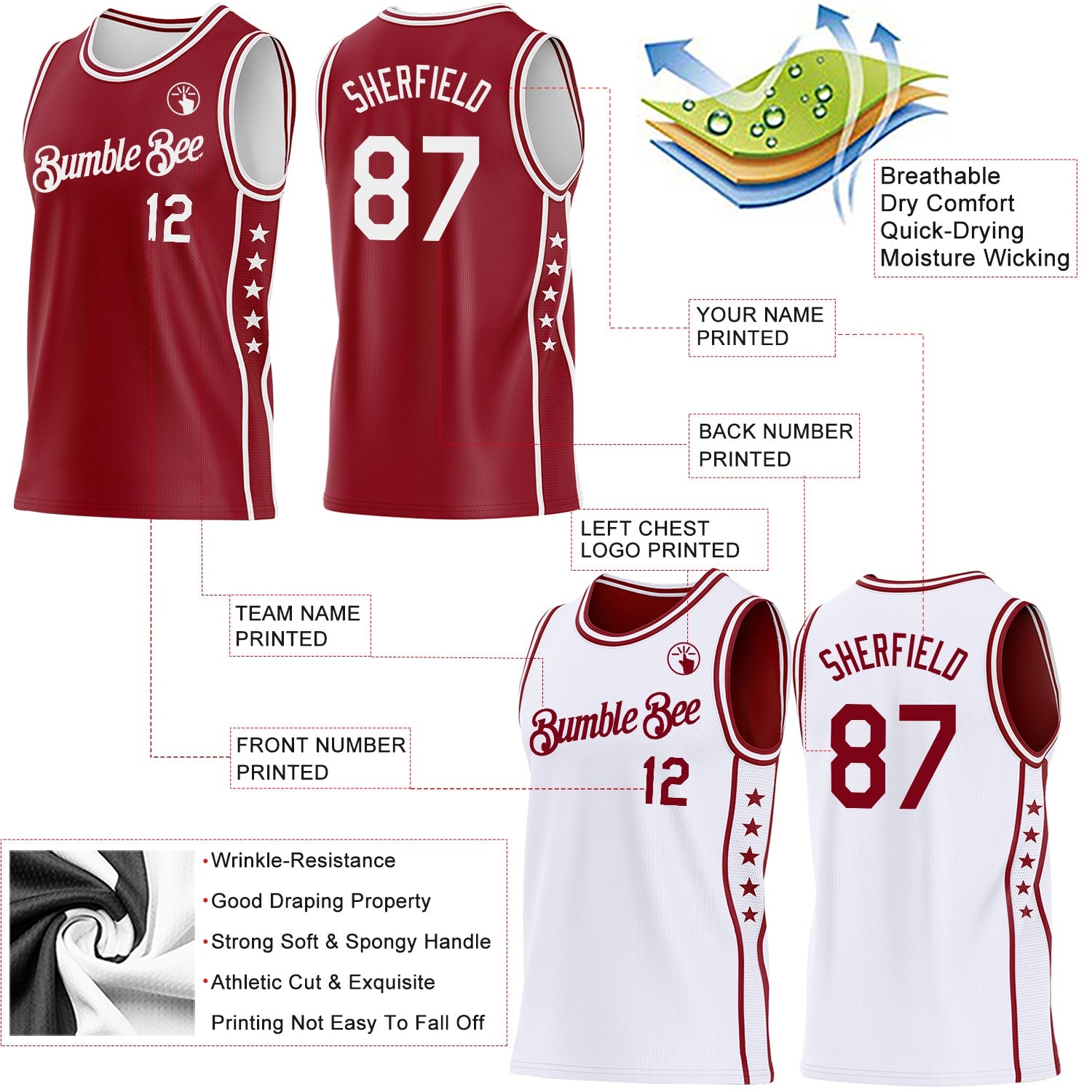 Custom Reversible Crimson White Double Side Star Sublimation Basketball Set Jersey