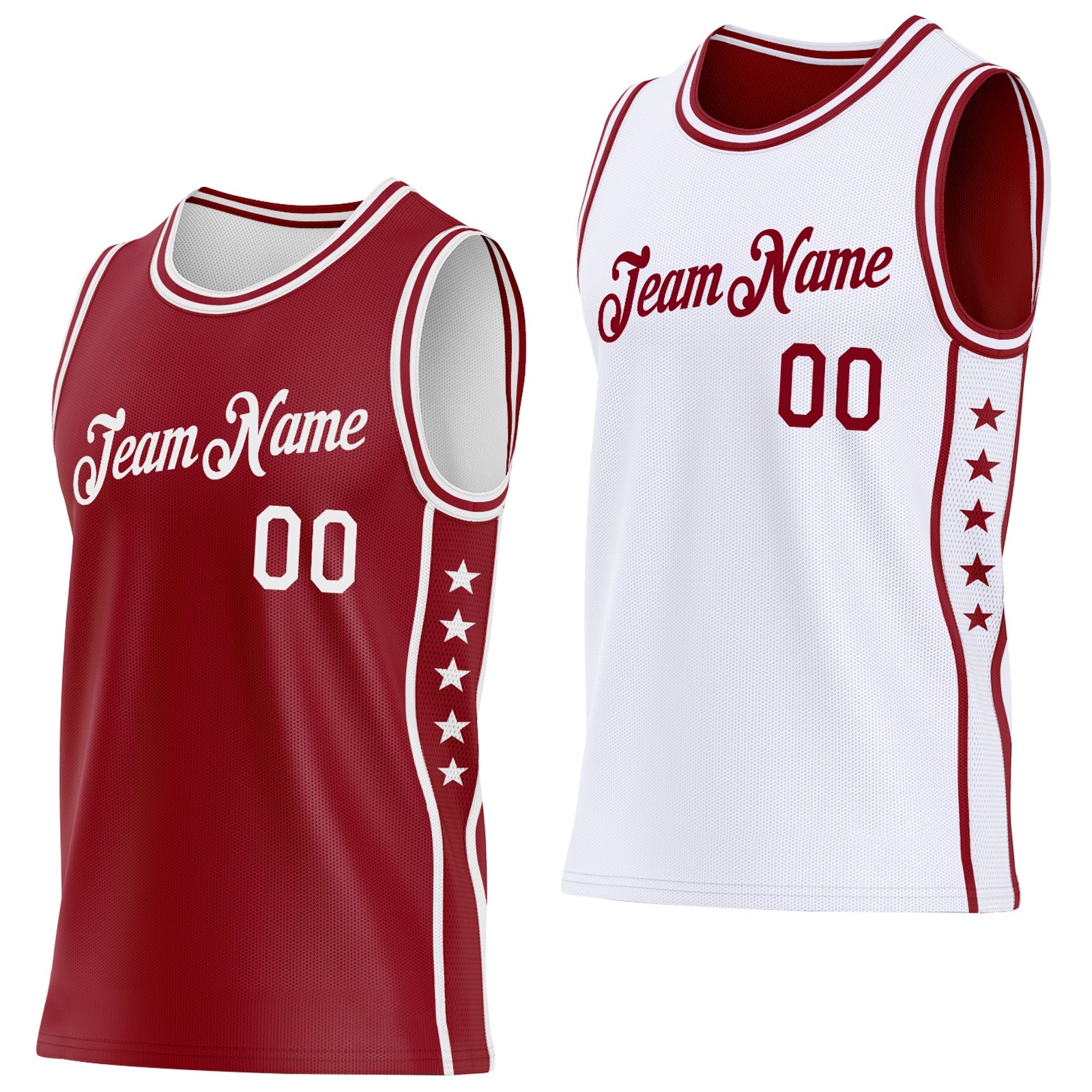 Custom Reversible Crimson White Double Side Star Sublimation Basketball Set Jersey