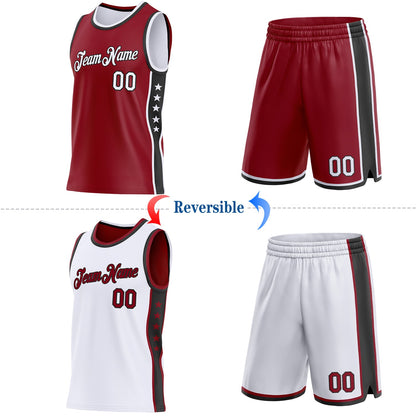 Custom Reversible Crimson White-Black Double Side Star Sublimation Basketball Set Jersey