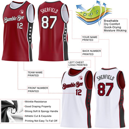 Custom Reversible Crimson White-Black Double Side Star Sublimation Basketball Set Jersey