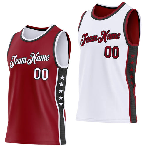 Custom Reversible Crimson White-Black Double Side Star Sublimation Basketball Set Jersey