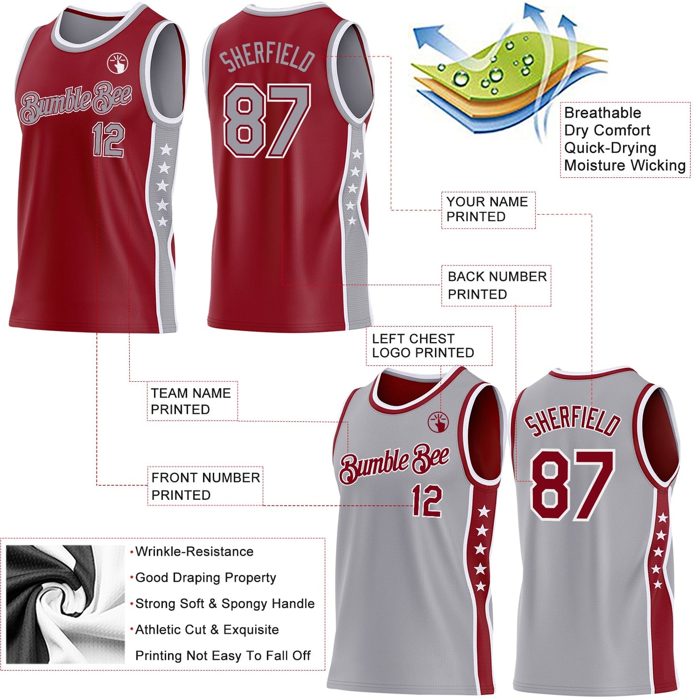 Custom Reversible Crimson Gray-White Double Side Star Sublimation Basketball Set Jersey