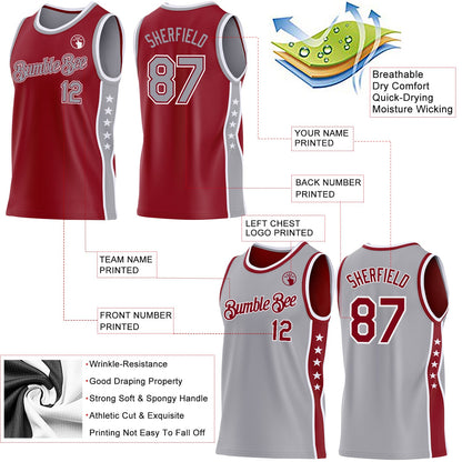 Custom Reversible Crimson Gray-White Double Side Star Sublimation Basketball Set Jersey