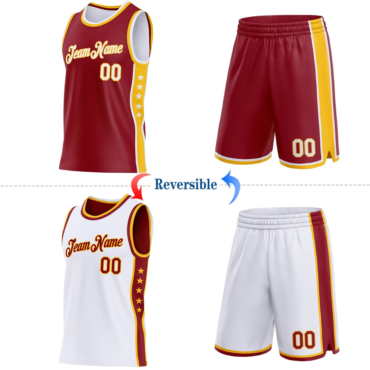 Custom Reversible Crimson White-Gold Double Side Star Sublimation Basketball Set Jersey