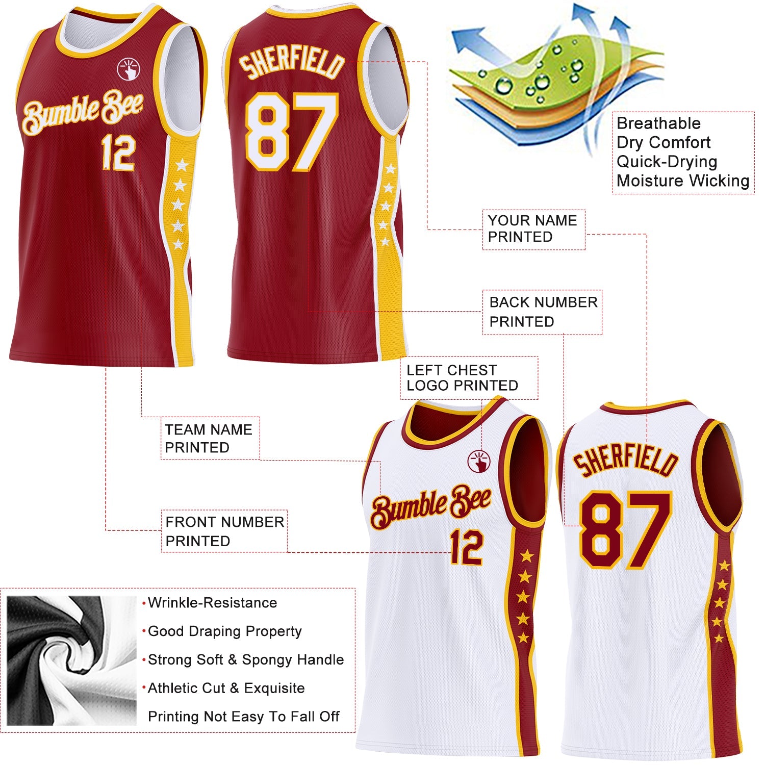 Custom Reversible Crimson White-Gold Double Side Star Sublimation Basketball Set Jersey