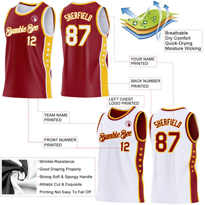 Custom Reversible Crimson White-Gold Double Side Star Sublimation Basketball Set Jersey