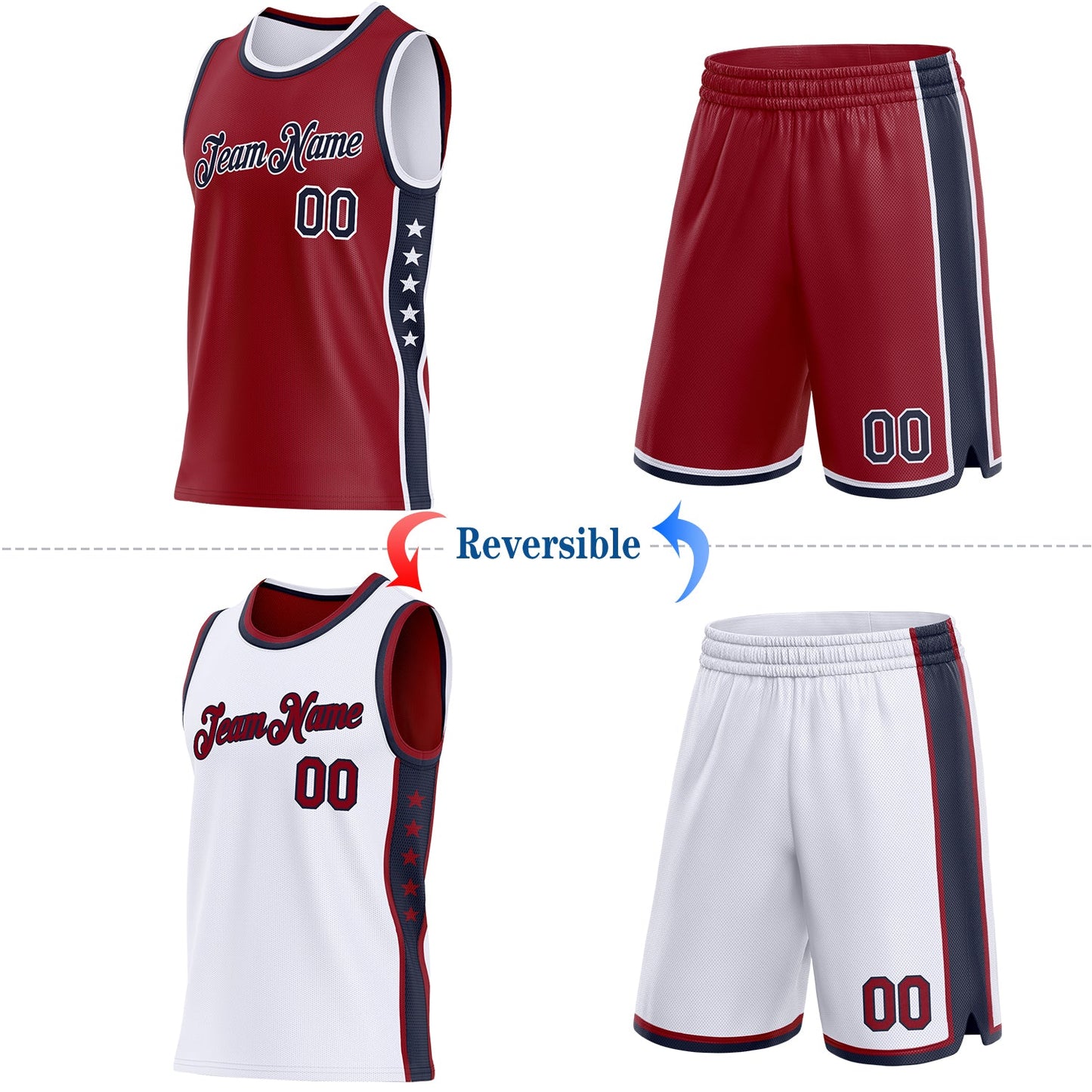 Custom Reversible Crimson Navy-White Double Side Star Sublimation Basketball Set Jersey