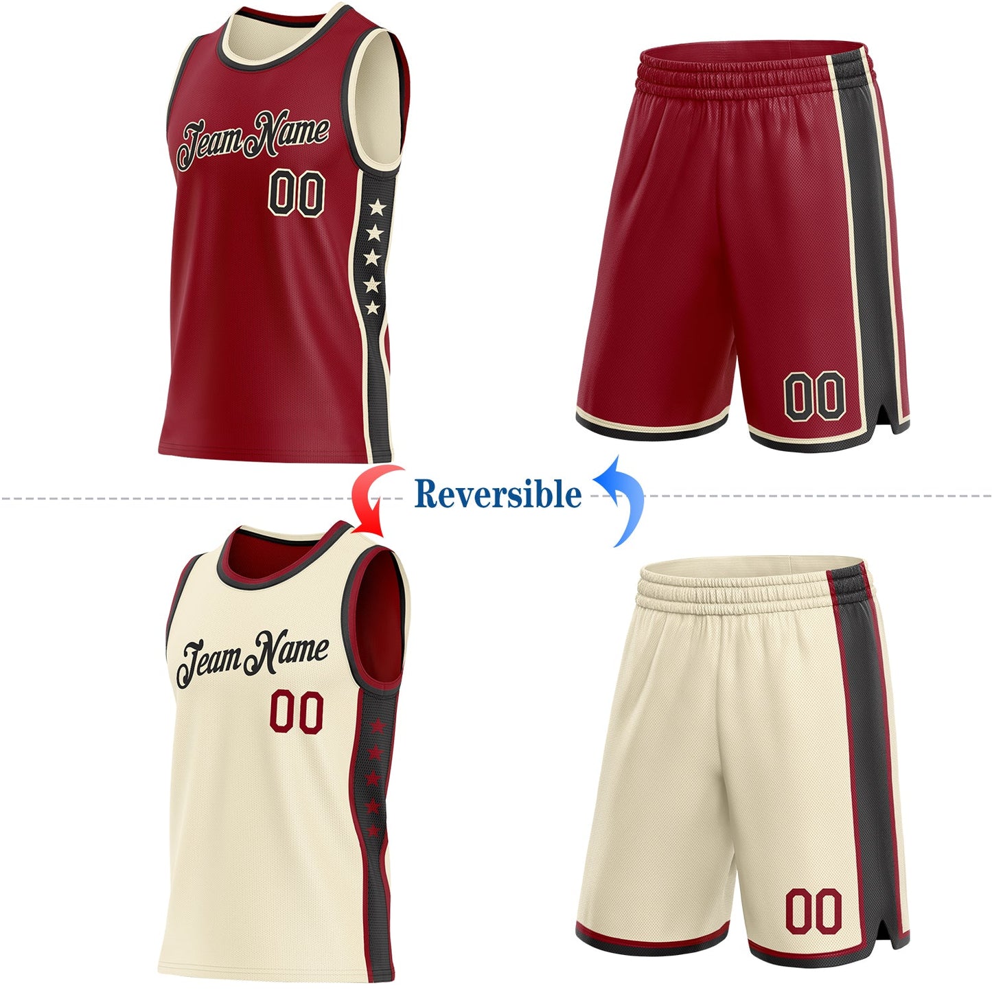 Custom Reversible Crimson Black-Cream Double Side Star Sublimation Basketball Set Jersey