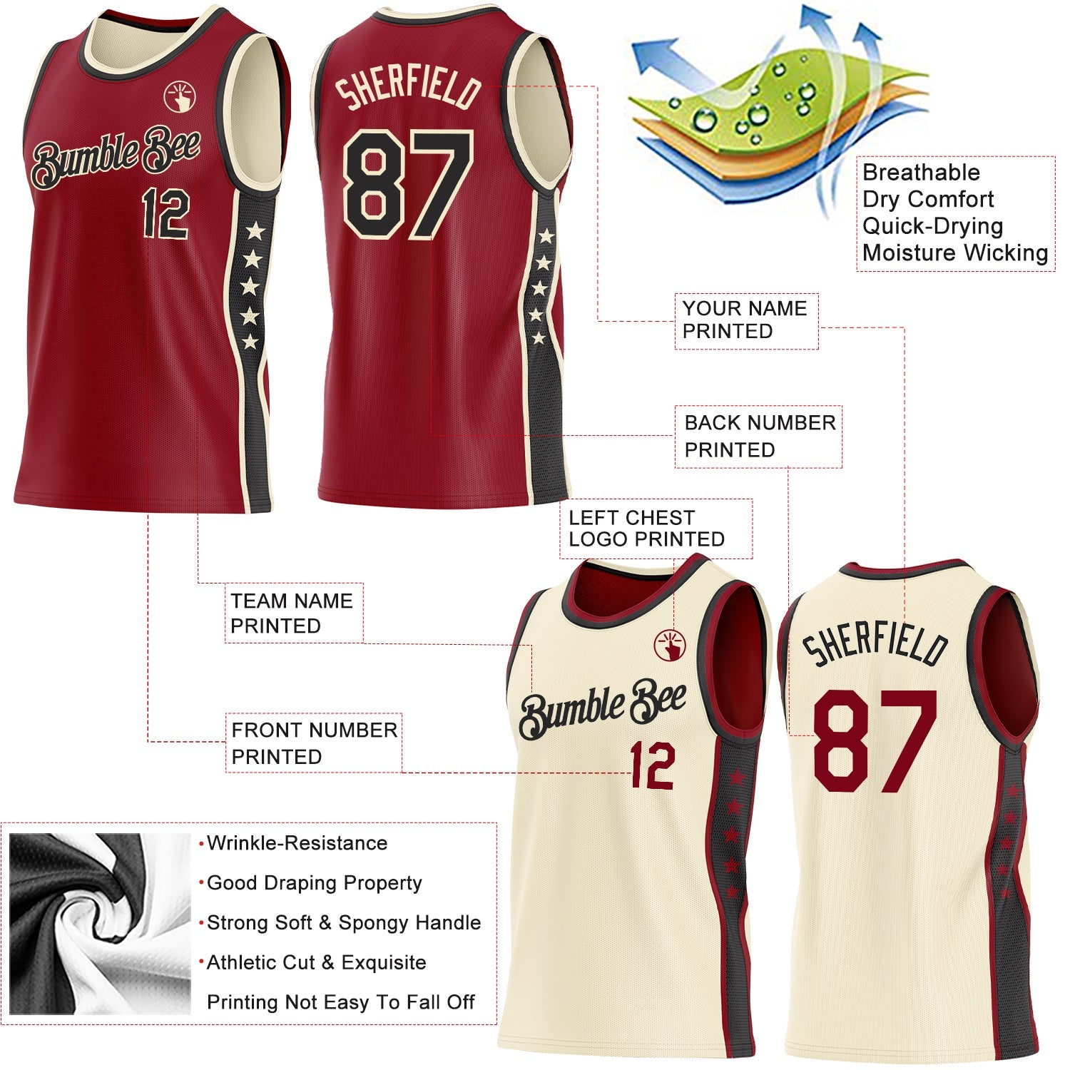 Custom Reversible Crimson Black-Cream Double Side Star Sublimation Basketball Set Jersey