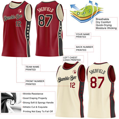 Custom Reversible Crimson Black-Cream Double Side Star Sublimation Basketball Set Jersey