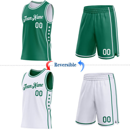 Custom Reversible Kelly Green White Double Side Star Sublimation Basketball Set Jersey