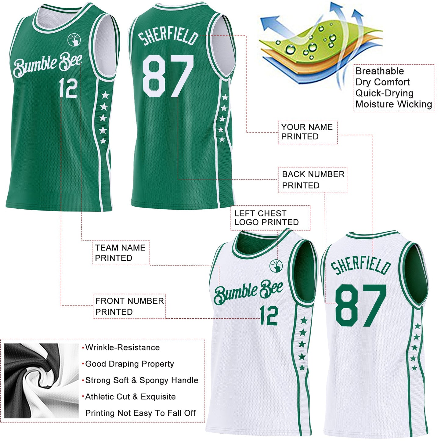 Custom Reversible Kelly Green White Double Side Star Sublimation Basketball Set Jersey