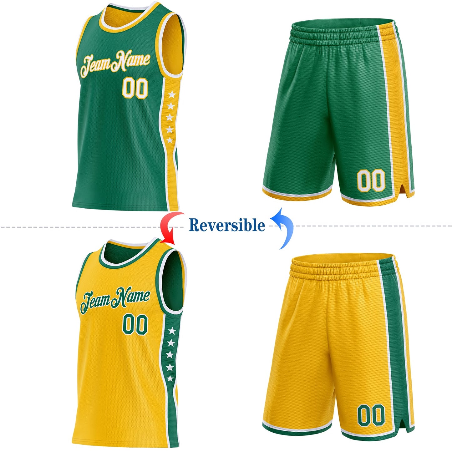 Custom Reversible Kelly Green White-Gold Double Side Star Sublimation Basketball Set Jersey