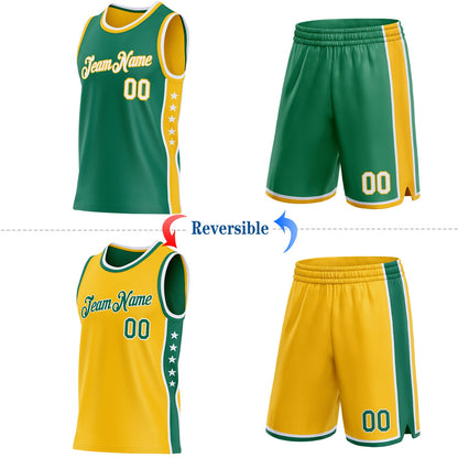 Custom Reversible Kelly Green White-Gold Double Side Star Sublimation Basketball Set Jersey