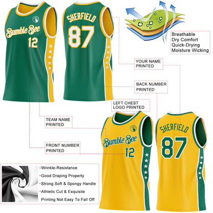 Custom Reversible Kelly Green White-Gold Double Side Star Sublimation Basketball Set Jersey