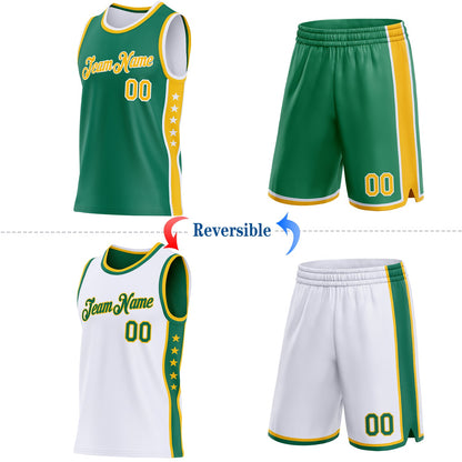 Custom Reversible Kelly Green Gold-White Double Side Star Sublimation Basketball Set Jersey