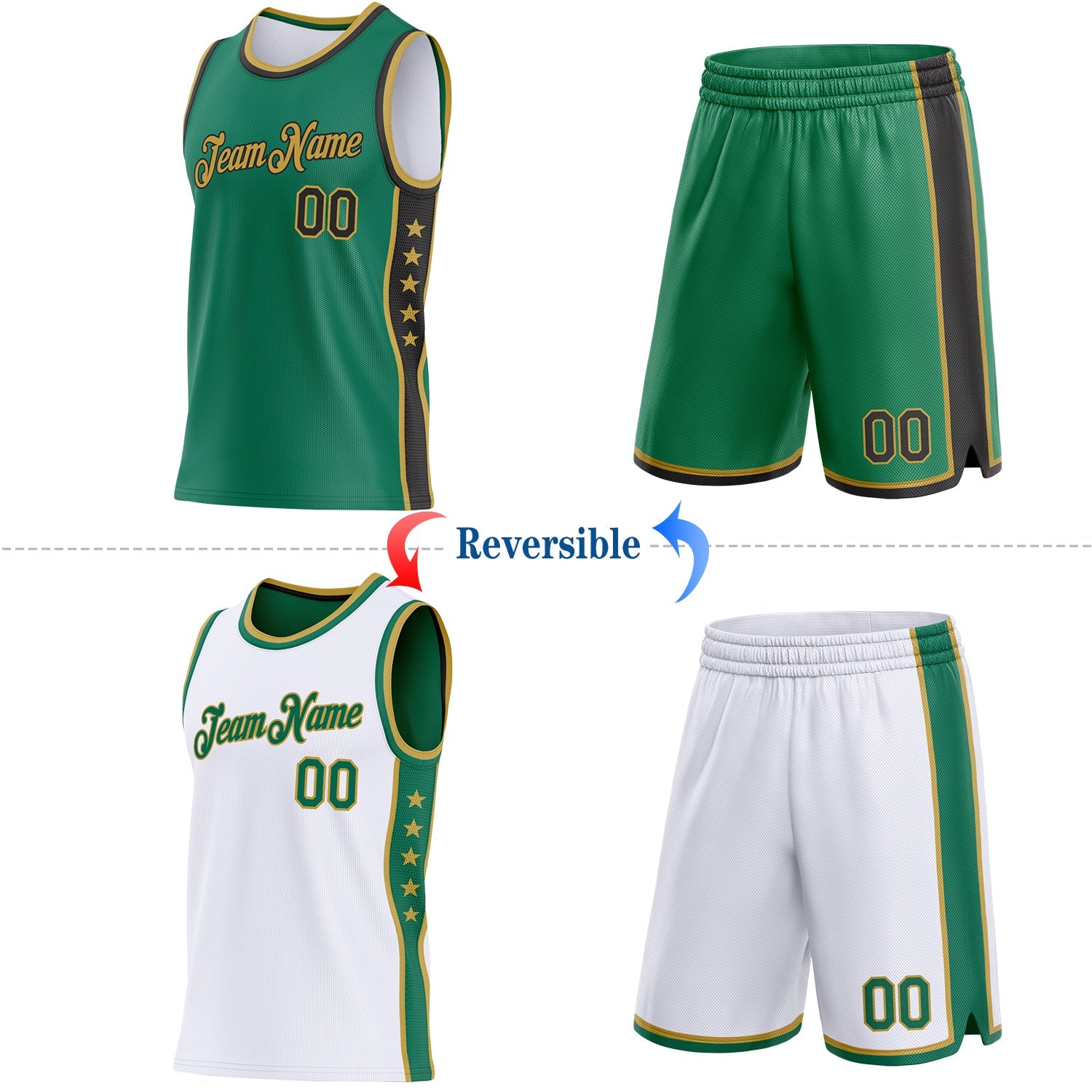 Custom Reversible Kelly Green Black-Old Gold Double Side Star Sublimation Basketball Set Jersey
