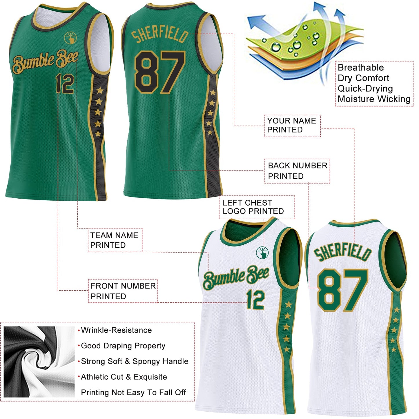 Custom Reversible Kelly Green Black-Old Gold Double Side Star Sublimation Basketball Set Jersey