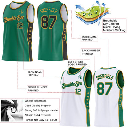Custom Reversible Kelly Green Black-Old Gold Double Side Star Sublimation Basketball Set Jersey