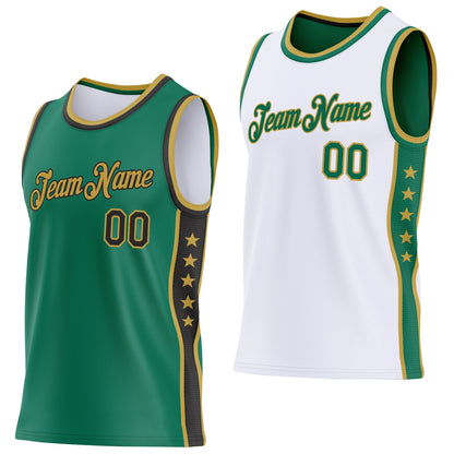 Custom Reversible Kelly Green Black-Old Gold Double Side Star Sublimation Basketball Set Jersey