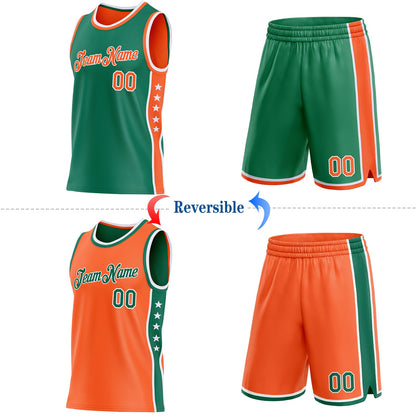Custom Reversible Kelly Green Orange-White Double Side Star Sublimation Basketball Set Jersey