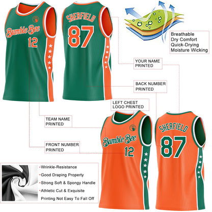 Custom Reversible Kelly Green Orange-White Double Side Star Sublimation Basketball Set Jersey