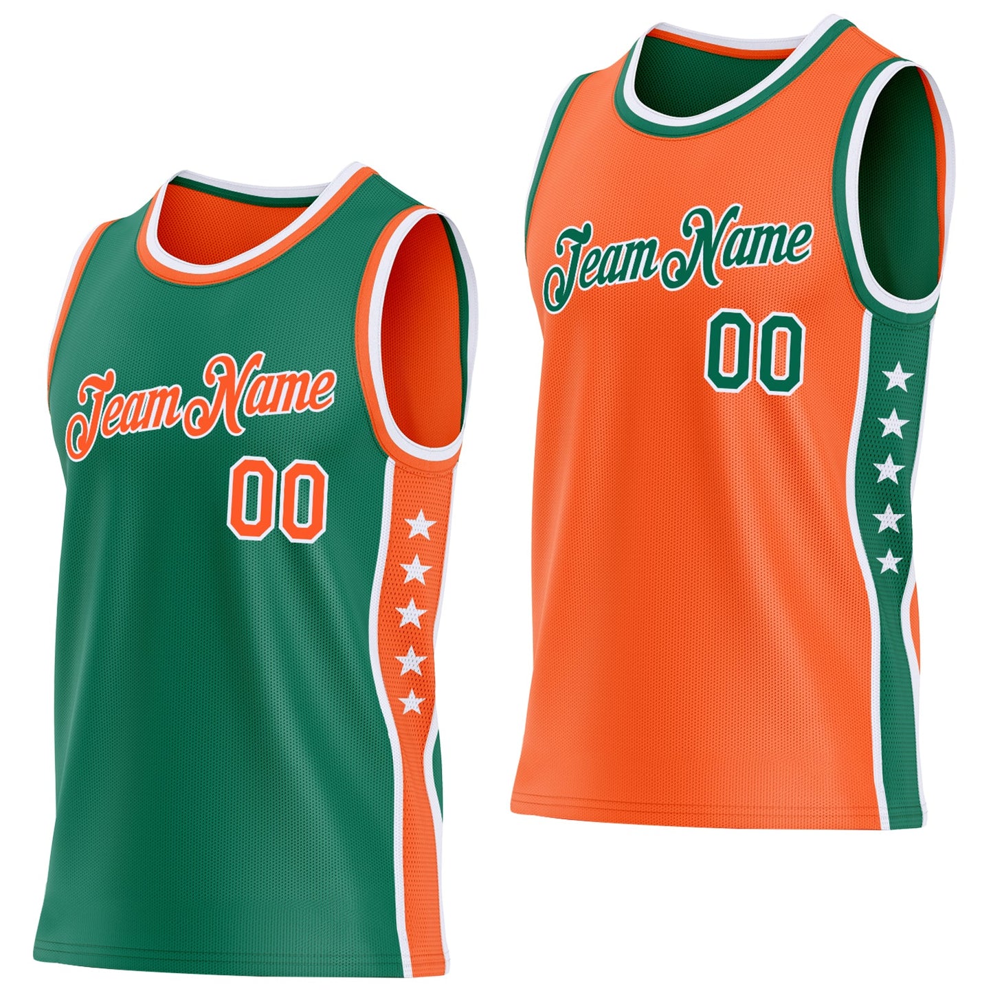 Custom Reversible Kelly Green Orange-White Double Side Star Sublimation Basketball Set Jersey