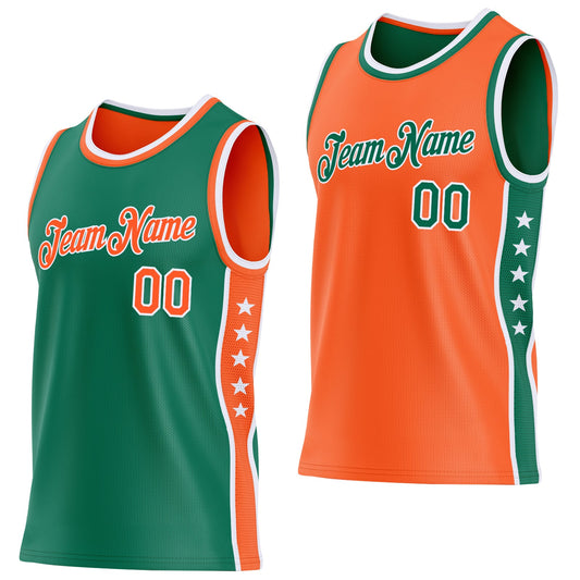 Custom Reversible Kelly Green Orange-White Double Side Star Sublimation Basketball Set Jersey