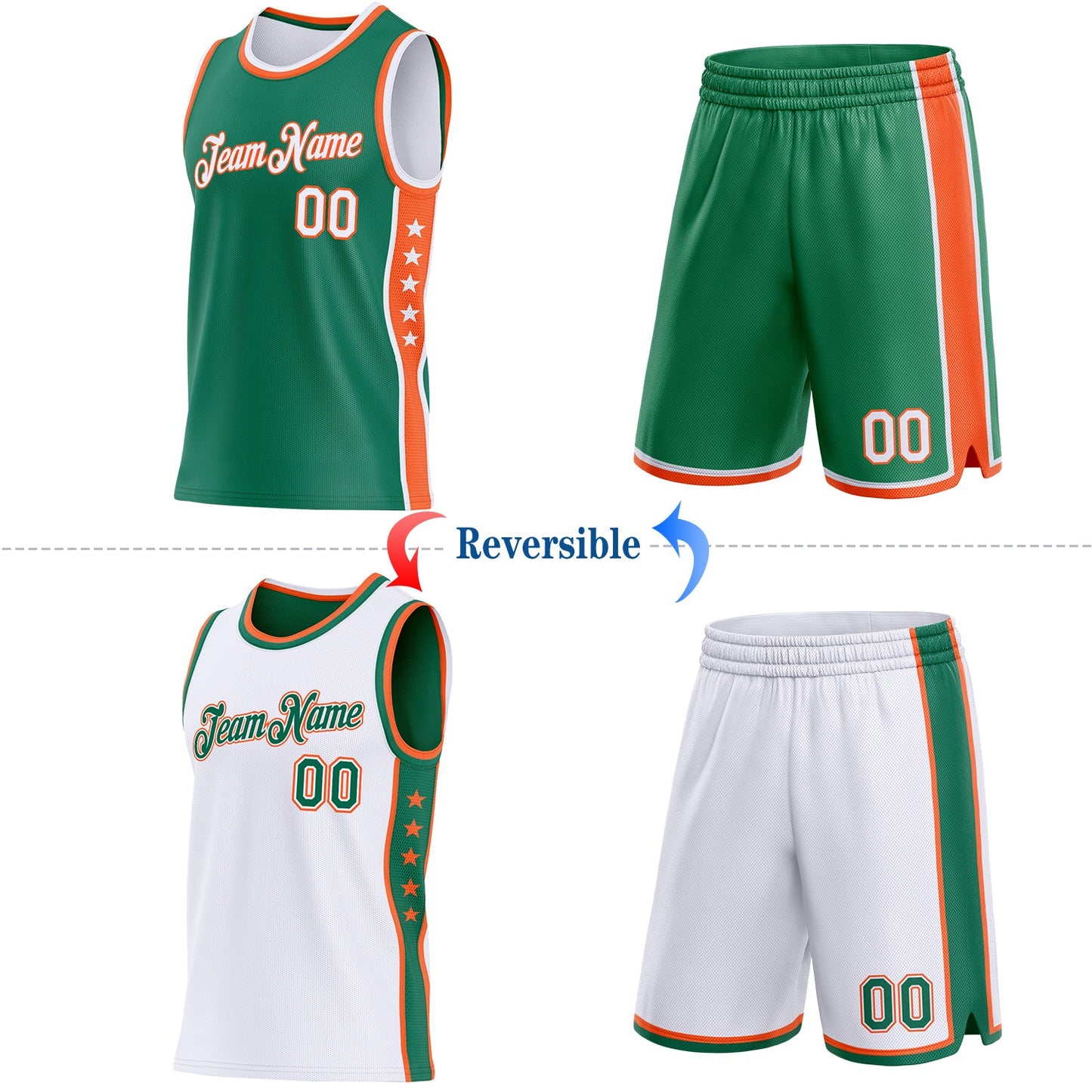 Custom Reversible Kelly Green White-Orange Double Side Star Sublimation Basketball Set Jersey