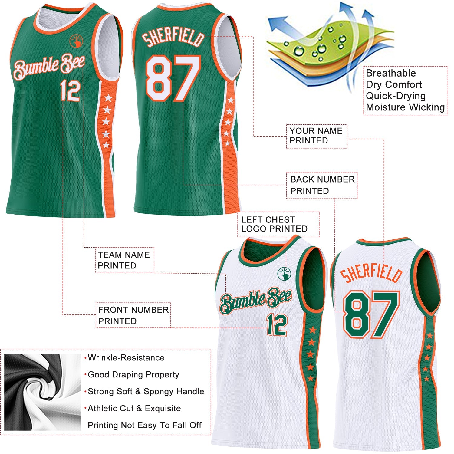 Custom Reversible Kelly Green White-Orange Double Side Star Sublimation Basketball Set Jersey