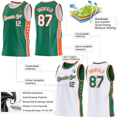Custom Reversible Kelly Green White-Orange Double Side Star Sublimation Basketball Set Jersey