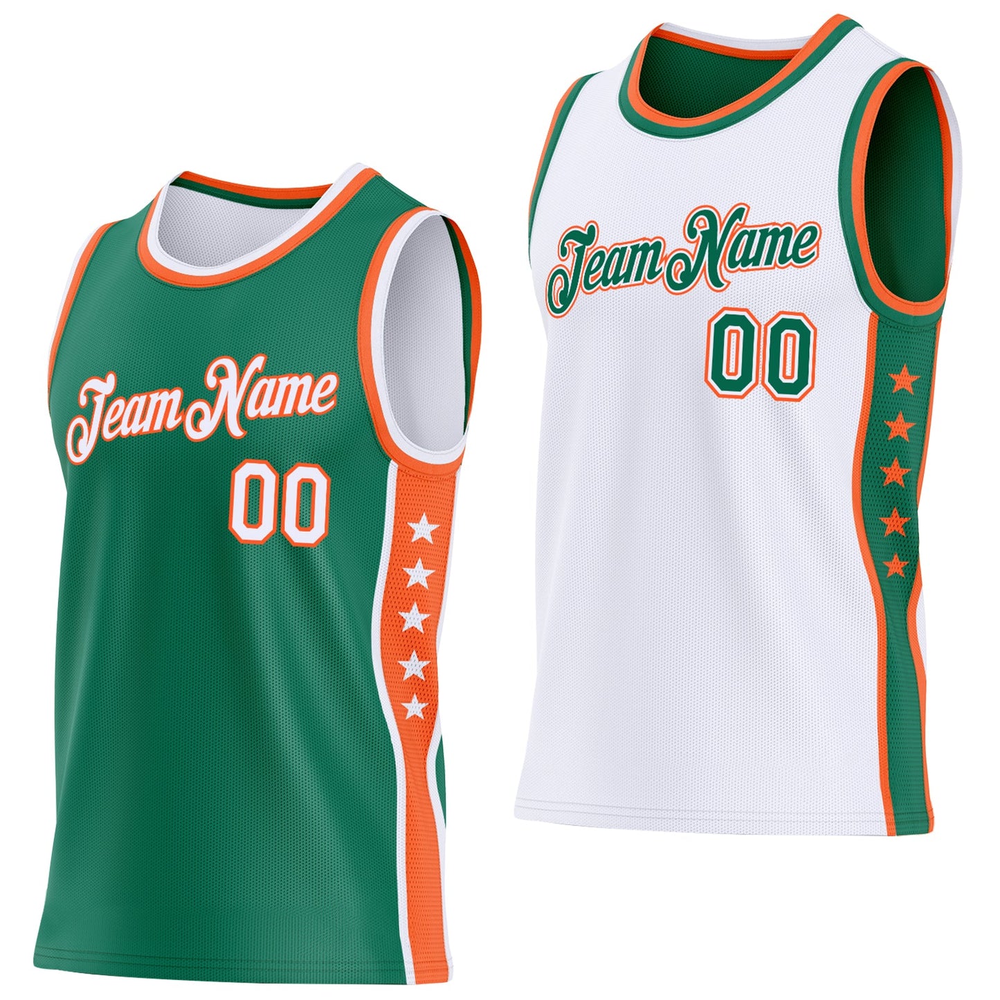 Custom Reversible Kelly Green White-Orange Double Side Star Sublimation Basketball Set Jersey