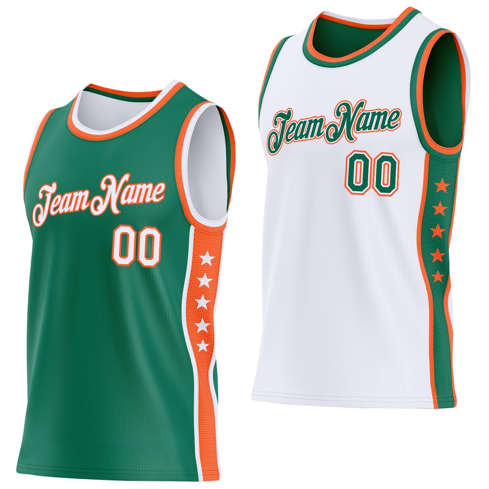 Custom Reversible Kelly Green White-Orange Double Side Star Sublimation Basketball Set Jersey