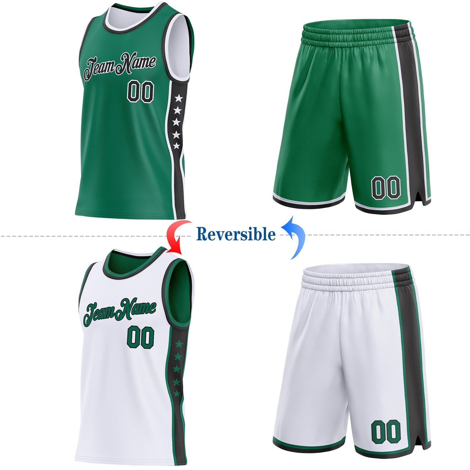 Custom Reversible Kelly Green Black-White Double Side Star Sublimation Basketball Set Jersey