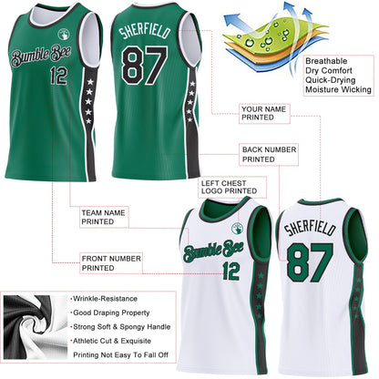 Custom Reversible Kelly Green Black-White Double Side Star Sublimation Basketball Set Jersey
